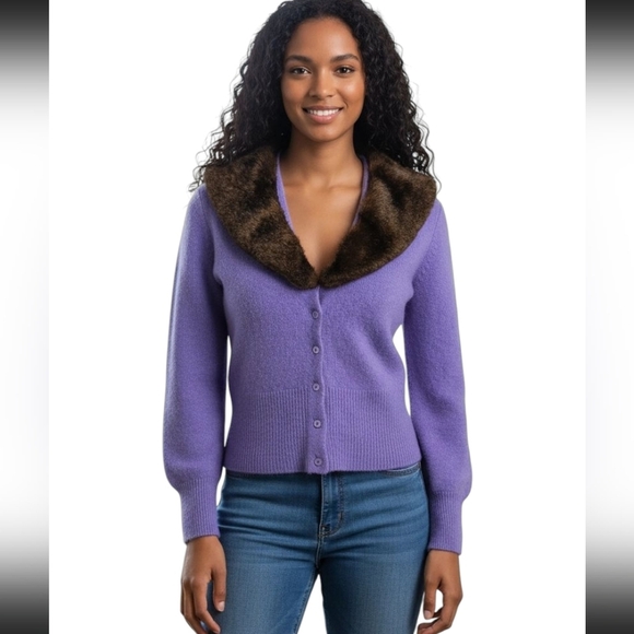 Vintage SUTTON STUDIO Wool Blend Cardigan Faux Fur Collar. Purple. XS/S - Picture 1 of 14